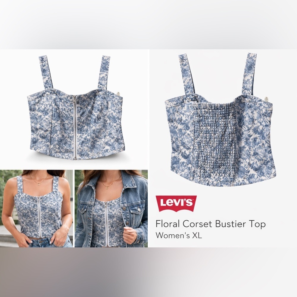 Levi’s Floral Corset Bustier Top XL Zip Front Y2K Cottagecore cotton - Picture 3 of 7